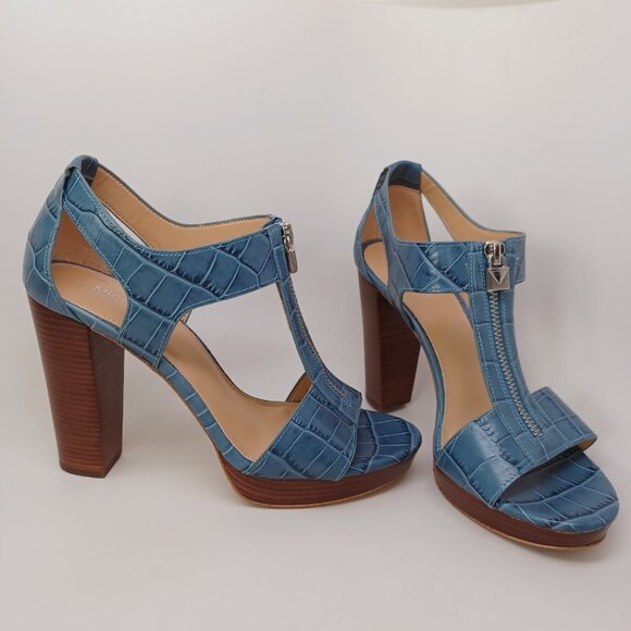 Michael Kors Heels Blue Leather Zip Front Platform Sandals Berkley Womens 7 - Picture 2 of 15
